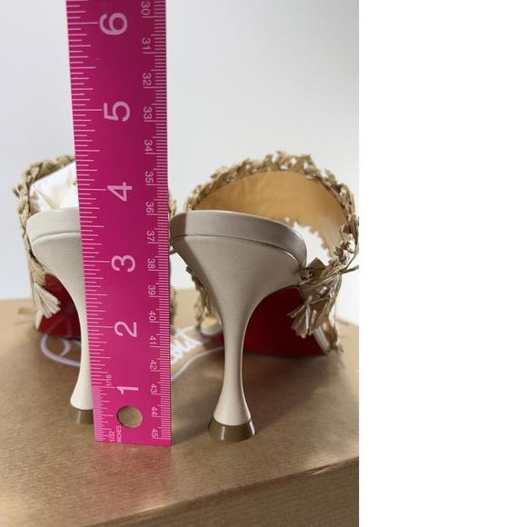 Meroine 85mm raffia Tan Woven fringe heels mules D984 - Picture 4 of 11